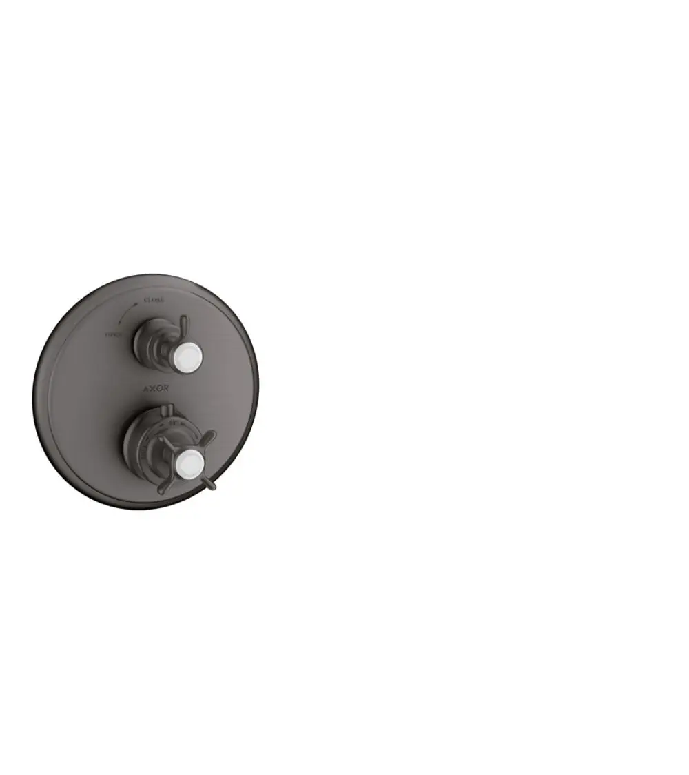 Thermostatunterputz von AXOR mit zwei Kreuzgriffen und Absperrventil in Brushed Black Chrome, montiert auf einer runden Wandplatte.